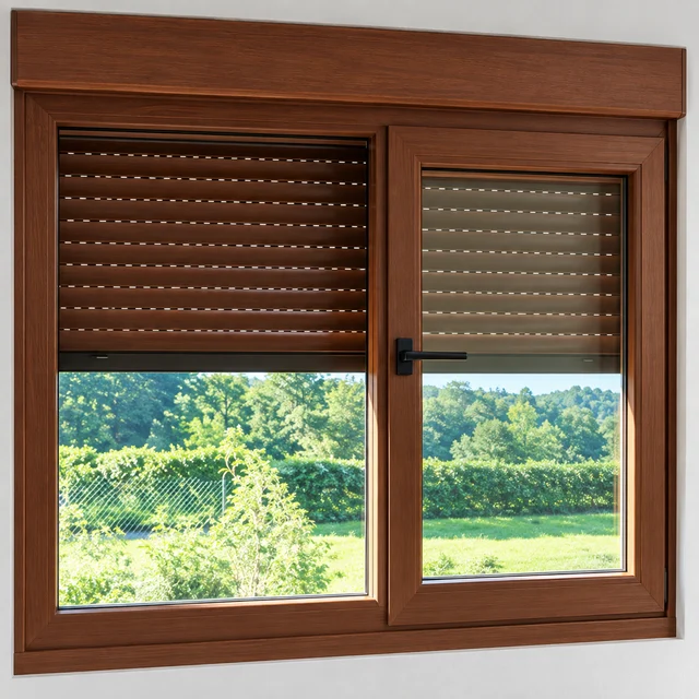 Janela em PVC com acabamento amadeirado e persiana integrada