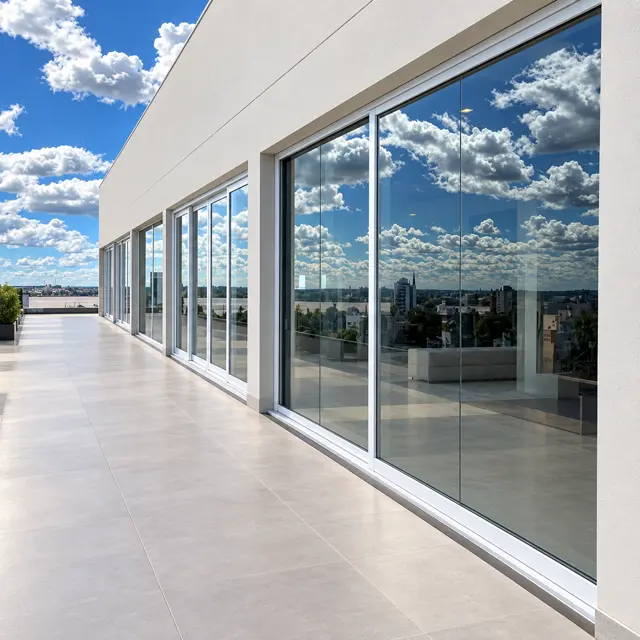 Portas de correr em PVC brancas em varanda panorâmica